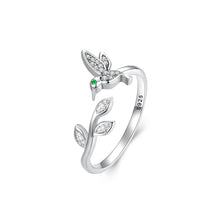 Load image into Gallery viewer, 925 Sterling Silver Fashion Temperament Hummingbird Leaf Adjustable Open Ring with Cubic Zirconia
