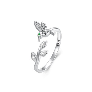 925 Sterling Silver Fashion Temperament Hummingbird Leaf Adjustable Open Ring with Cubic Zirconia