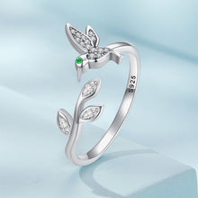 Load image into Gallery viewer, 925 Sterling Silver Fashion Temperament Hummingbird Leaf Adjustable Open Ring with Cubic Zirconia
