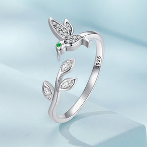 925 Sterling Silver Fashion Temperament Hummingbird Leaf Adjustable Open Ring with Cubic Zirconia