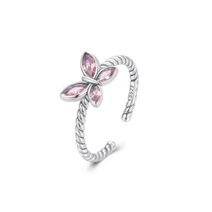 925 Sterling Silver Simple and Cute Butterfly Pink Cubic Zirconia Twist Geometric Adjustable Open Ring