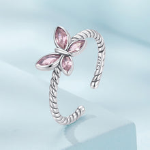 Load image into Gallery viewer, 925 Sterling Silver Simple and Cute Butterfly Pink Cubic Zirconia Twist Geometric Adjustable Open Ring