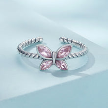Load image into Gallery viewer, 925 Sterling Silver Simple and Cute Butterfly Pink Cubic Zirconia Twist Geometric Adjustable Open Ring