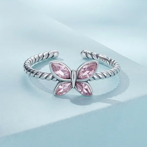 925 Sterling Silver Simple and Cute Butterfly Pink Cubic Zirconia Twist Geometric Adjustable Open Ring