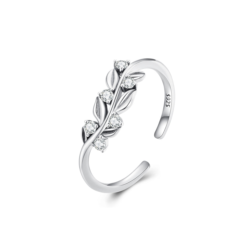 925 Sterling Silver Fashion Temperament Leaf Adjustable Open Ring with Cubic Zirconia