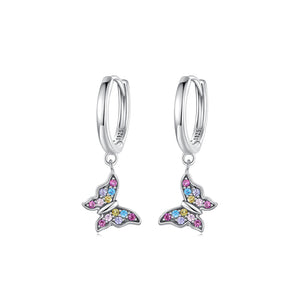 925 Sterling Silver Simple Sweet Butterfly Earrings with Colorful Cubic Zirconia