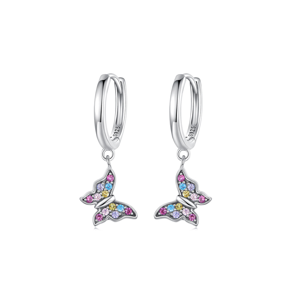 925 Sterling Silver Simple Sweet Butterfly Earrings with Colorful Cubic Zirconia