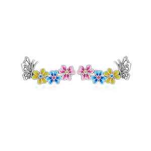 925 Sterling Silver Simple Enamel Flower Butterfly Stud Earrings with Cubic Zirconia