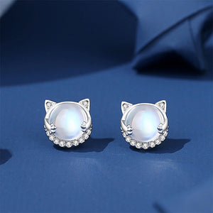 925 Sterling Silver Cute and Sweet Cat Moonstone Stud Earrings with Cubic Zirconia