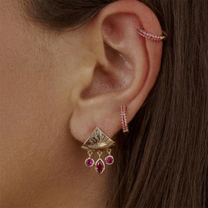 Fashion Temperament Plated Gold Triangle Geometric Tassel Earrings with Rose Red Cubic Zirconia