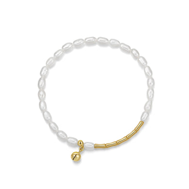 925 Sterling Silver Plated Gold Fashion Elegant Bell Freshwater Pearl Beaded Bracelet