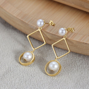 925 Sterling Silver Plated Gold Fashion Temperament Hollow Geometric Rhombus Round Tassel Earrings with Freshwater Pearls