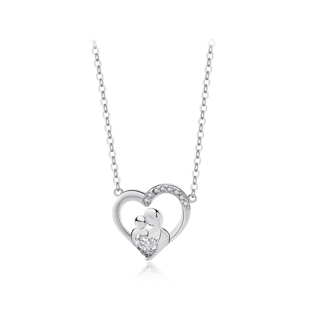 925 Sterling Silver Fashion Temperament Mother Hollow Heart Pendant with Cubic Zirconia and Necklace