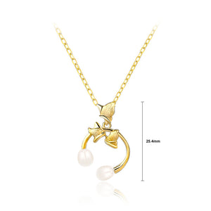 925 Sterling Silver Plated Gold Fashion Elegant Frosted Butterfly Geometric Pendant with Freshwater Pearl and Necklace