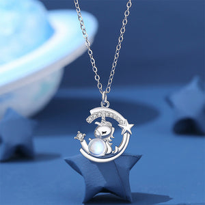925 Sterling Silver Fashion Sweet Unicorn Star Moonstone Pendant with Cubic Zirconia and Necklace