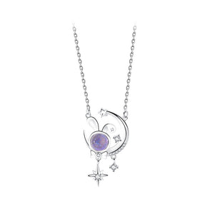 925 Sterling Silver Creative Cute Rabbit Moon Pendant with Cubic Zirconia and Necklace