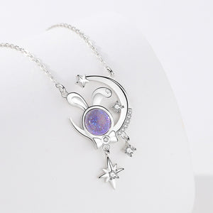 925 Sterling Silver Creative Cute Rabbit Moon Pendant with Cubic Zirconia and Necklace