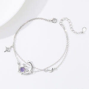 925 Sterling Silver Simple and Cute Rabbit Moon Double Layer Bracelet with Cubic Zirconia