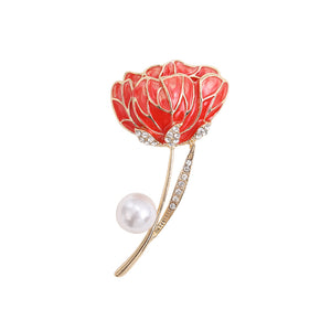 Fashion Elegant Plated Gold Enamel Pink Flower Imitation Pearl Brooch with Cubic Zirconia