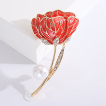 Load image into Gallery viewer, Fashion Elegant Plated Gold Enamel Pink Flower Imitation Pearl Brooch with Cubic Zirconia