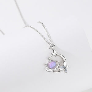 925 Sterling Silver Fashion Creative Purple Planet Butterfly Pendant with Cubic Zirconia and Necklace