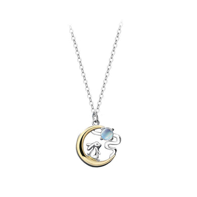 925 Sterling Silver Fashion Creative Rabbit Golden Moon Moonstone Pendant with Necklace