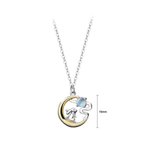 925 Sterling Silver Fashion Creative Rabbit Golden Moon Moonstone Pendant with Necklace