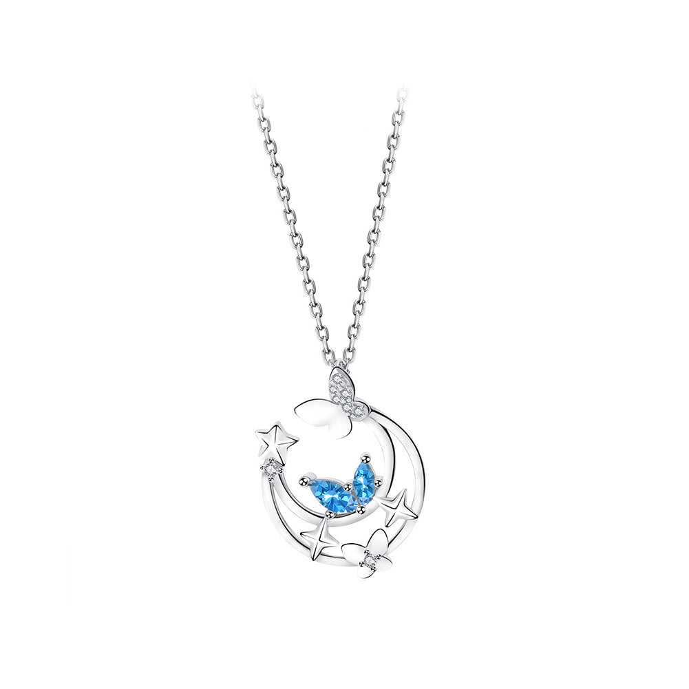 925 Sterling Silver Fashion Temperament Butterfly Moon Pendant with Blue Cubic Zirconia and Necklace
