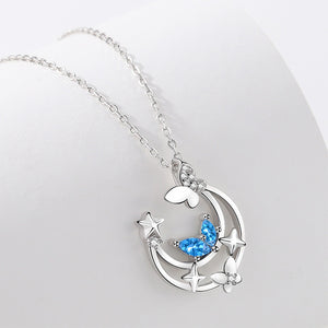 925 Sterling Silver Fashion Temperament Butterfly Moon Pendant with Blue Cubic Zirconia and Necklace