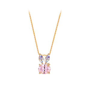 925 Sterling Silver Plated Gold Simple Cute Rabbit Pendant with Pink Cubic Zirconia and Necklace