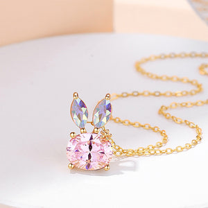 925 Sterling Silver Plated Gold Simple Cute Rabbit Pendant with Pink Cubic Zirconia and Necklace
