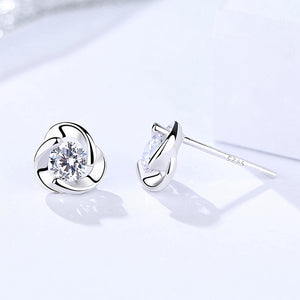 925 Silver Silver Simple and Fashion Three -leafed Clover Stud Earrings with White Cubic Zirconia