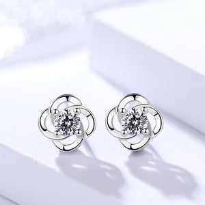925 Sterling Silver Simple and Sweet Hollow Four-leafed Clover Stud Earrings with White Cubic Zirconia