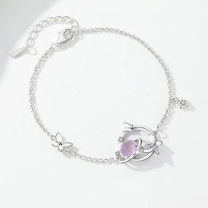 925 Sterling Silver Fashion Creative Purple Glass Planet Butterfly Bracelet with Cubic Zirconia