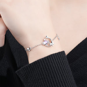 925 Sterling Silver Fashion Creative Purple Glass Planet Butterfly Bracelet with Cubic Zirconia
