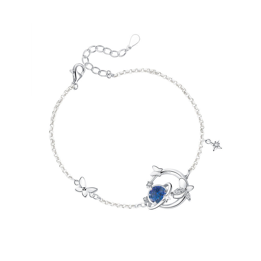 925 Sterling Silver Fashion Creative Dark Blue Glass Planet Butterfly Bracelet with Cubic Zirconia