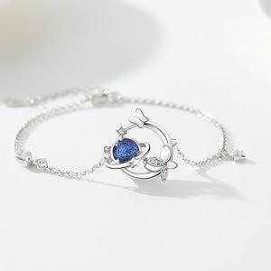 925 Sterling Silver Fashion Creative Dark Blue Glass Planet Butterfly Bracelet with Cubic Zirconia