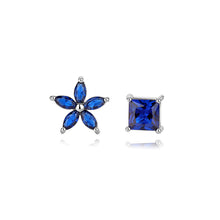 Load image into Gallery viewer, 925 Sterling Silver Simple Fashion Flower Square Asymmetric Stud Earrings with Blue Cubic Zirconia