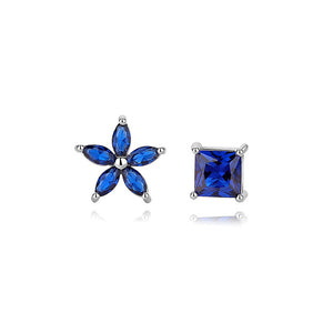 925 Sterling Silver Simple Fashion Flower Square Asymmetric Stud Earrings with Blue Cubic Zirconia