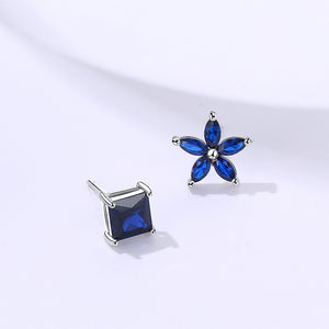 925 Sterling Silver Simple Fashion Flower Square Asymmetric Stud Earrings with Blue Cubic Zirconia