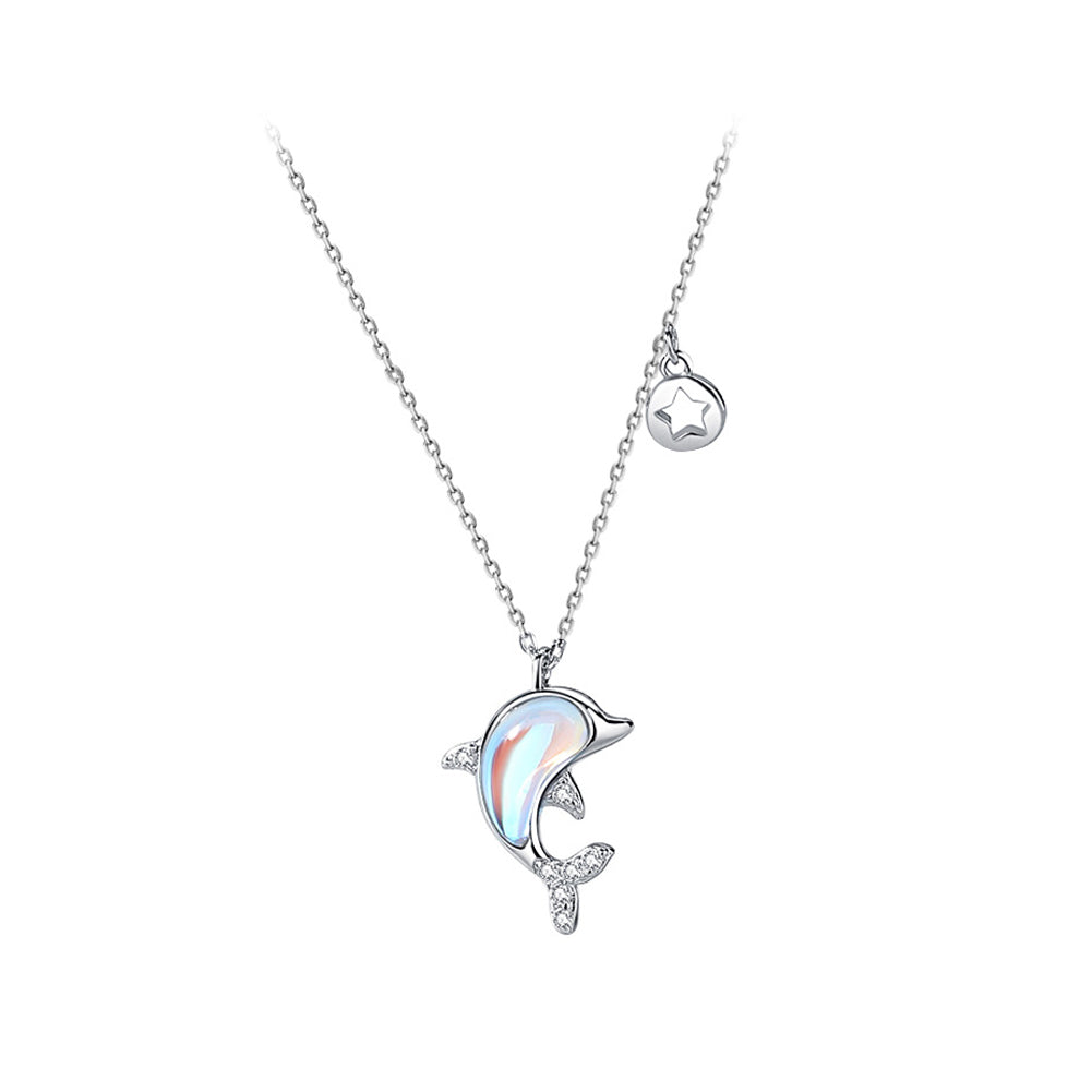 925 Sterling Silver Fashion Cute Dolphin Moonstone Pendant with Cubic Zirconia and Necklace