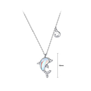 925 Sterling Silver Fashion Cute Dolphin Moonstone Pendant with Cubic Zirconia and Necklace