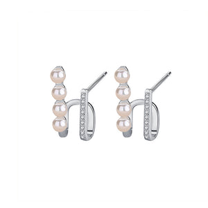 925 Sterling Silver Simple Temperament Double-layer Geometric Imitation Pearl Stud Earrings with Cubic Zirconia