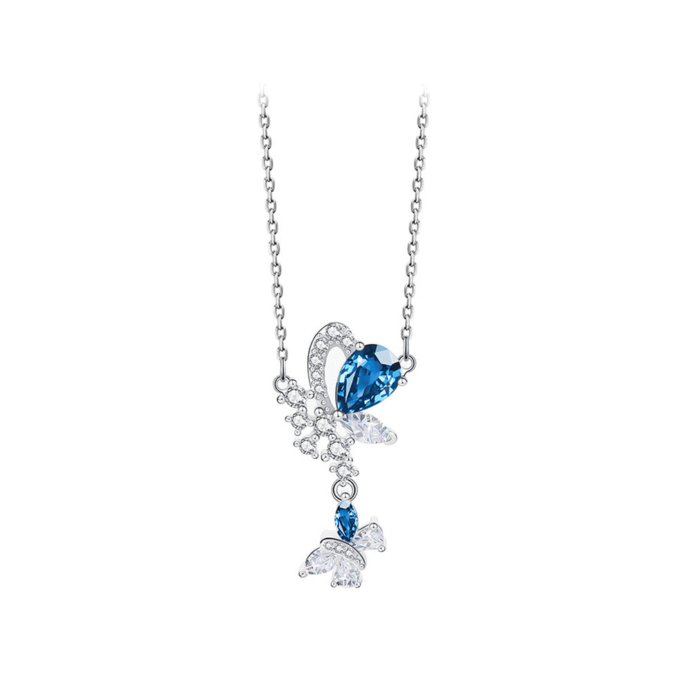 925 Sterling Silver Elegant Brilliant Butterfly Tassel Pendant with Cubic Zirconia and Necklace