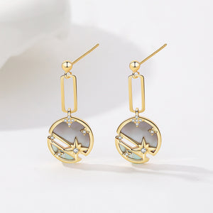 925 Sterling Silver Plated Gold Fashion Simple Star Geometric Round Mother-of-Pearl Earrings with Cubic Zirconia