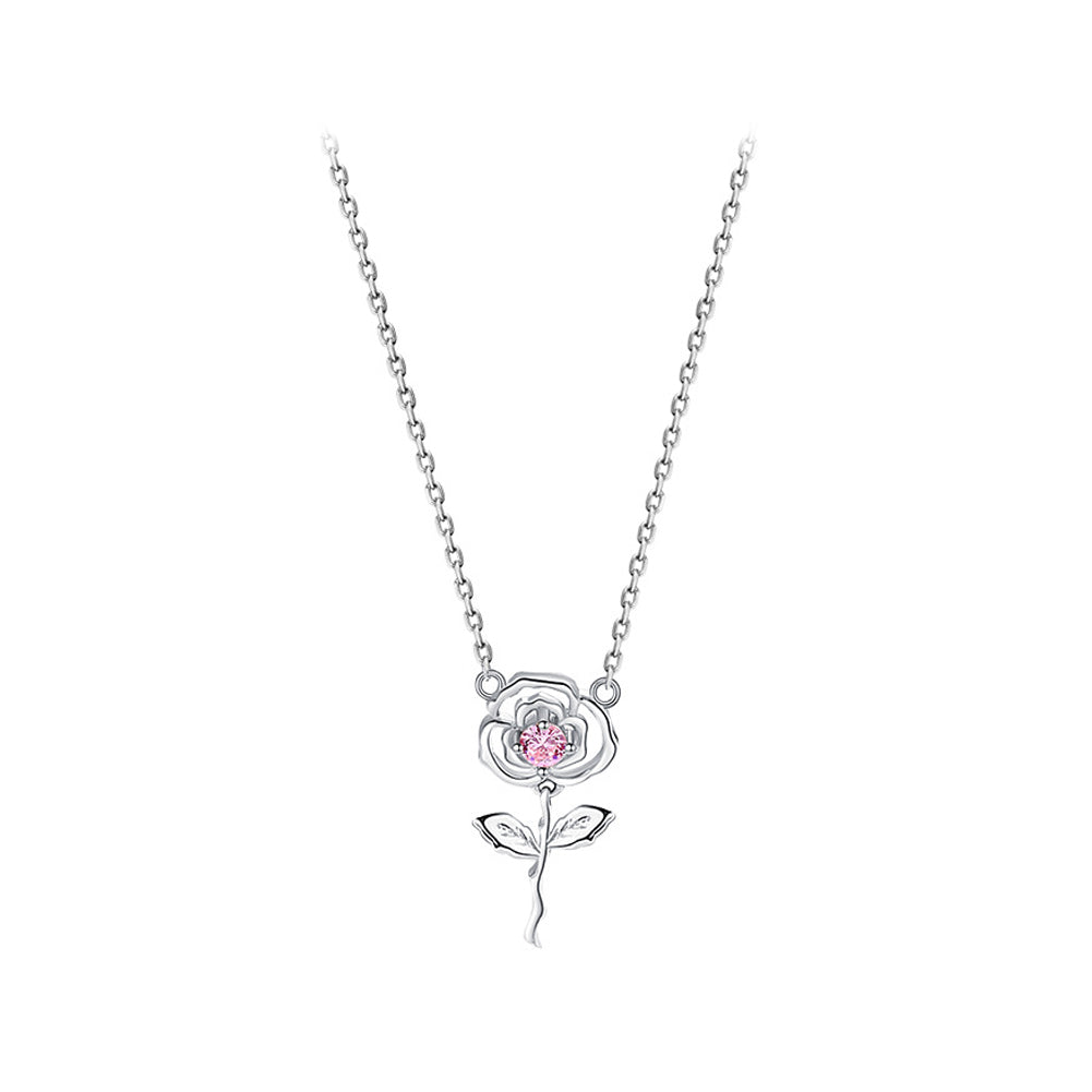 925 Sterling Silver Simple Romantic Rose Pendant with Pink Cubic Zirconia and Necklace
