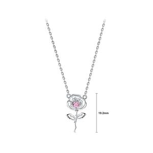 925 Sterling Silver Simple Romantic Rose Pendant with Pink Cubic Zirconia and Necklace