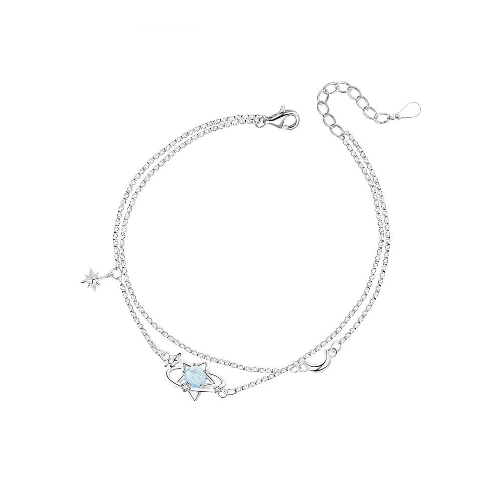 925 Sterling Silver Fashion Simple Planet Blue Glass Stone Star Double Layer Bracelet