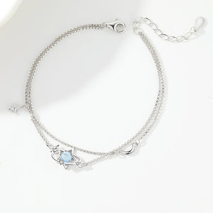 925 Sterling Silver Fashion Simple Planet Blue Glass Stone Star Double Layer Bracelet