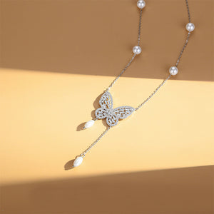 925 Sterling Silver Elegant Butterfly Imitation Pearl Tassel Pendant with Cubic Zirconia and Necklace